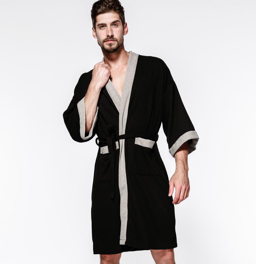 Black Cotton Waffle Men Bathrobe, Gown Sleepwear, Loose Casual Nightwear, Sauna Spring Summer Home Wear for Couples