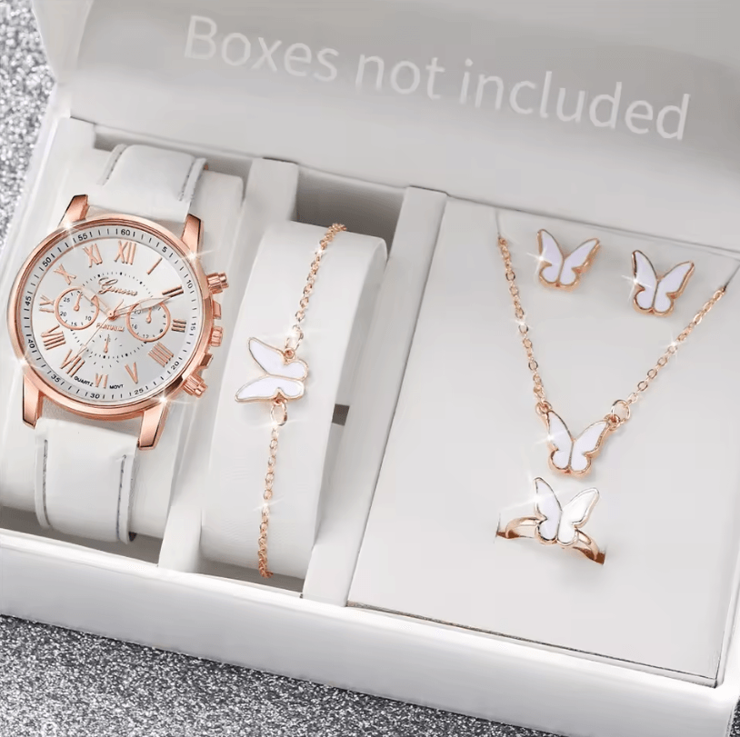 Fashion Womens Quartz Watch Set with Leather Bands and Heart Rhinestone Accent (5/6 PCS)