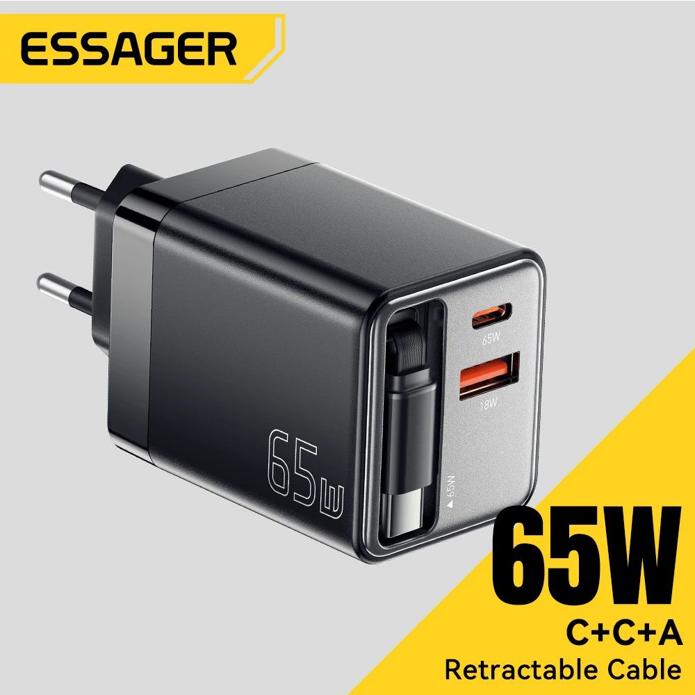 Essager 65W GaN Charger with Retractable Cable – PD Fast Charging USB-C Laptop & Phone Power Adapter