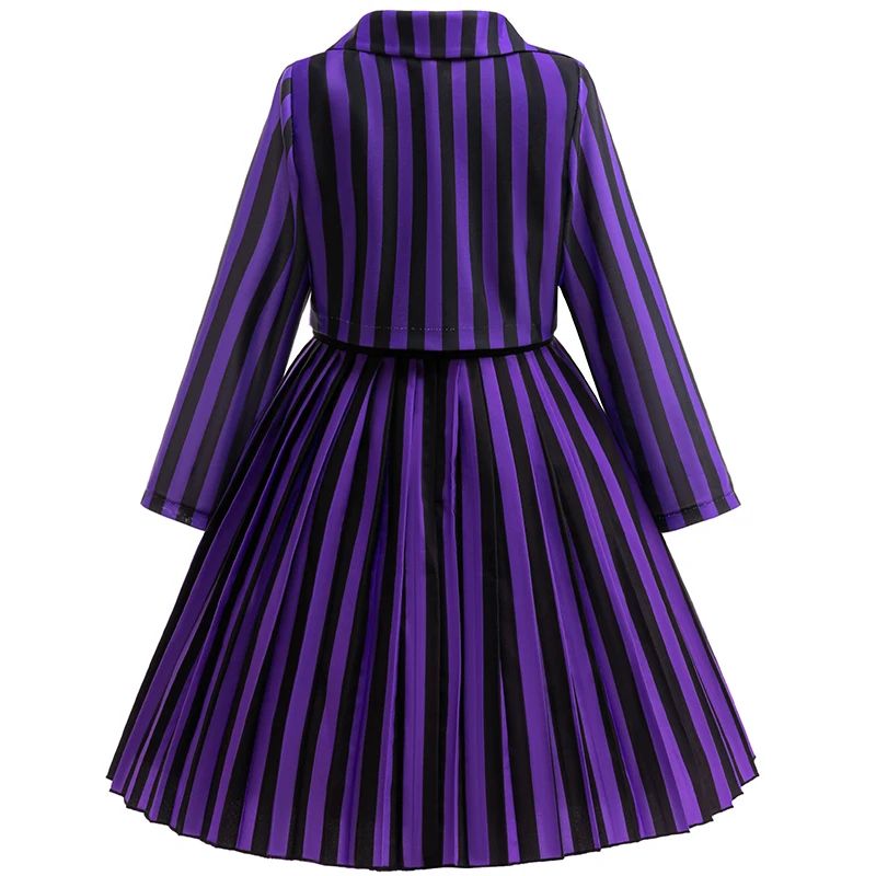 Wednesday Enid Sinclair Girls 2-Pcs Cosplay Dress – Kids Striped Party & Halloween Costume Outfit