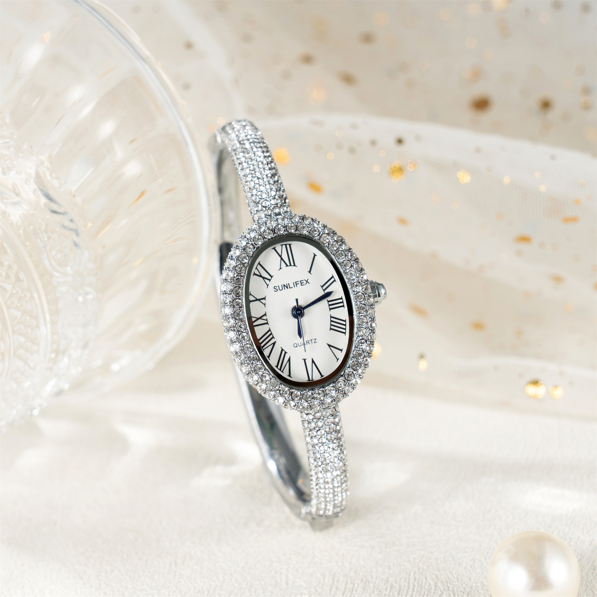 Luxury Women Quartz Watch, New Elegant Bracelet Wrist Watch with Roman Numerals, Rhinestones Inlaid Oval Design