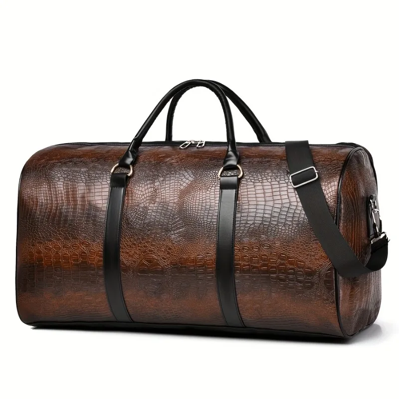 Large Capacity Crocodile Texture Travel Duffel Bag Retro Leather Style Weekender