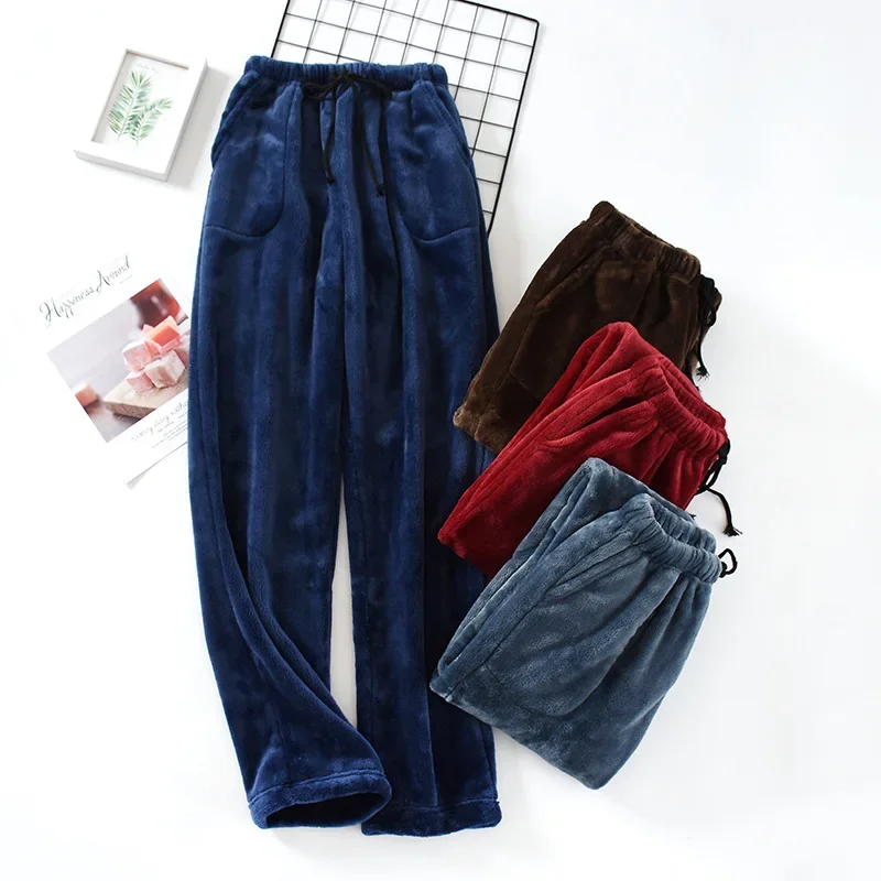 Thick Coral Fleece Pajama Pants, Fall and Winter Flannel Pajamas for Men, Loose Fit Large Size Home Wear, Womens Straigh