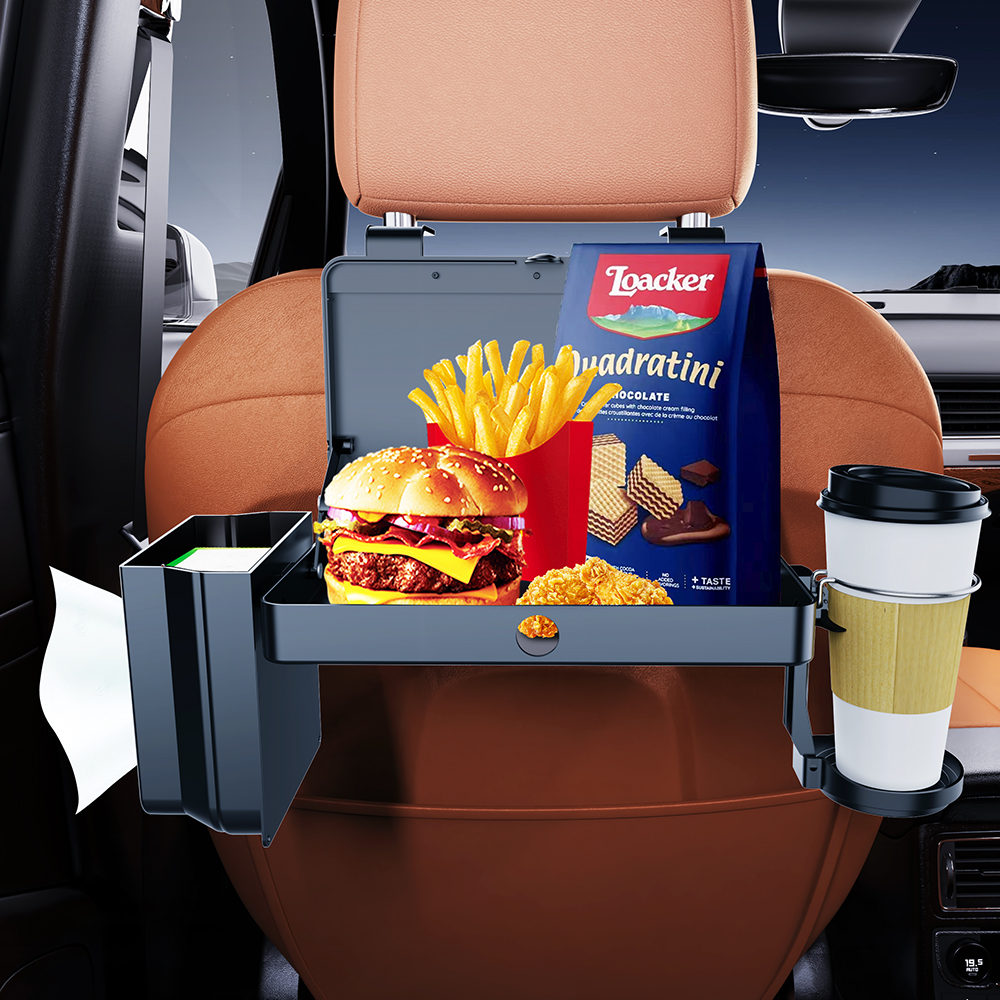 Backseat Organizer with Foldable Tray, Dual Cup Holders, Phone Slot, Lrbh Premium Plastic Vehicle Seat Back Accessories