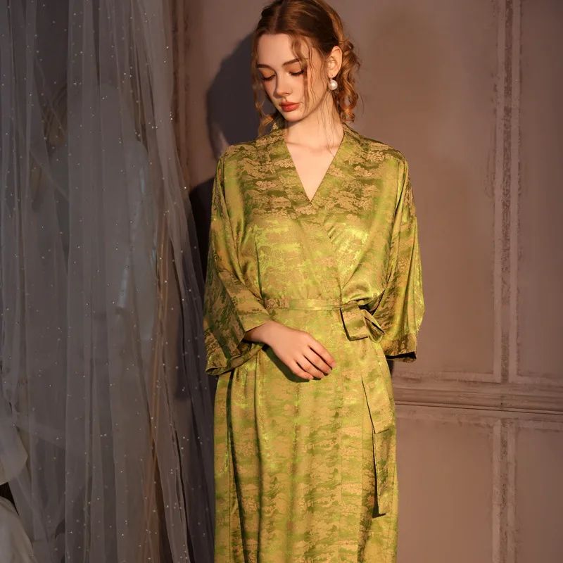 Silk Jacquard Kimono Robe – Luxury Satin Ice Silk Long Womens Bathrobe