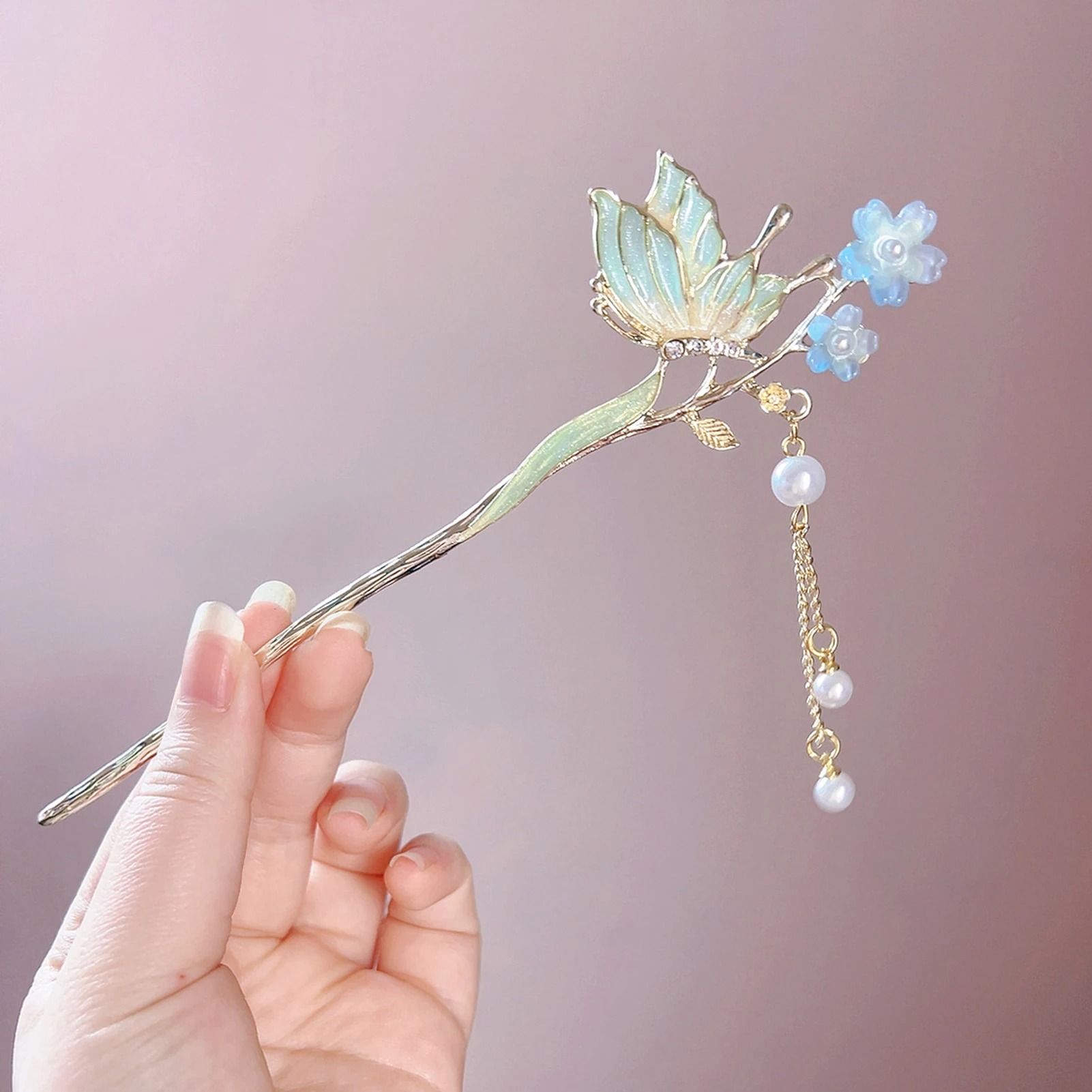 Pink Flower Butterfly Pearl Hair Stick for Women