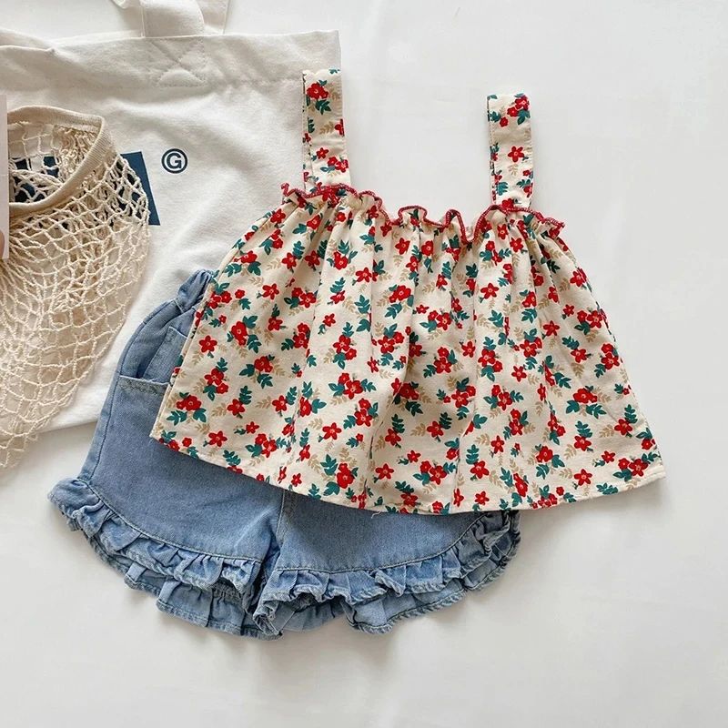 Girls Summer Casual Outfit Set with Suspender Skirt and Shorts