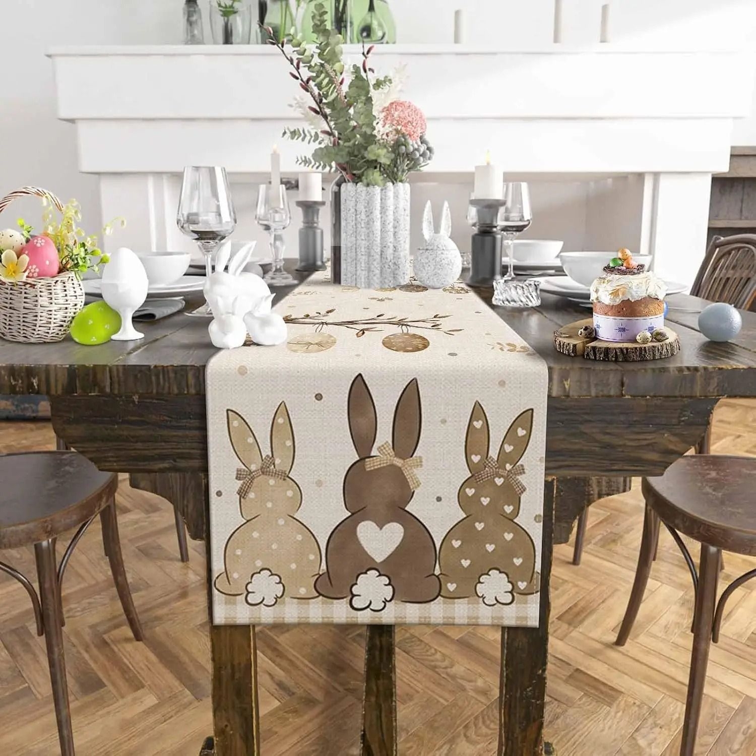 Easter Bunny & Eggs Linen Table Runner – Rustic Spring Botanical Dresser Scarf & Kitchen Holiday Party Decor