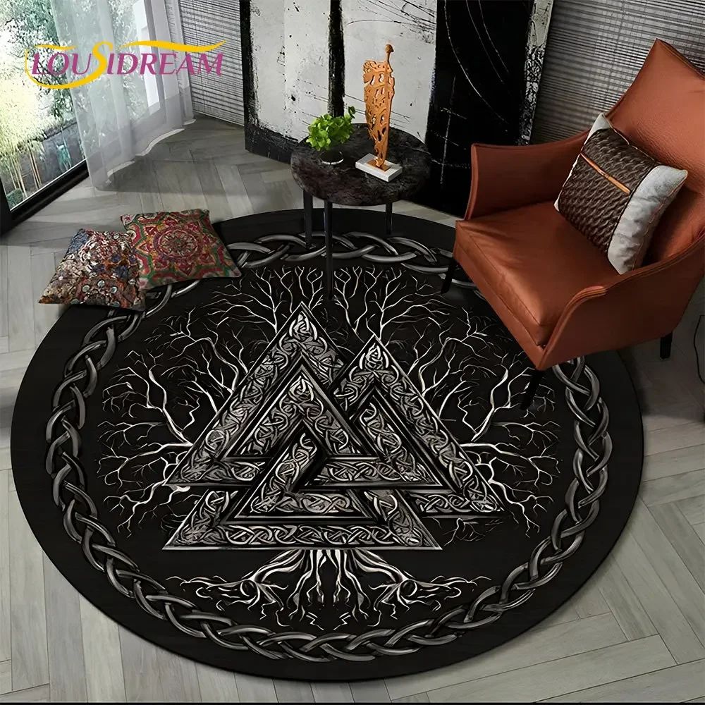 Viking Yggdrasil Tree of Life Round Living Room Rug with Non-Slip Backing