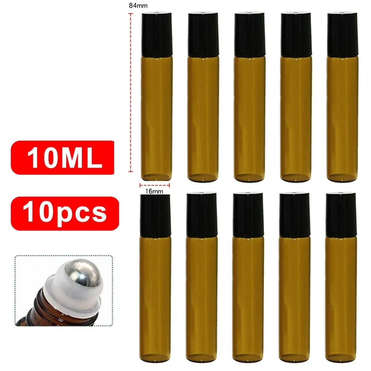 Amber Glass Roll On Bottle Set 10 Piece 5ml and 10ml Refillable Essential Oil Containers with Roller Ball