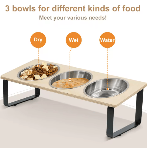 Elevated Cat Bowls Feeder with 15° Tilt & 3 Stainless Steel Bowls