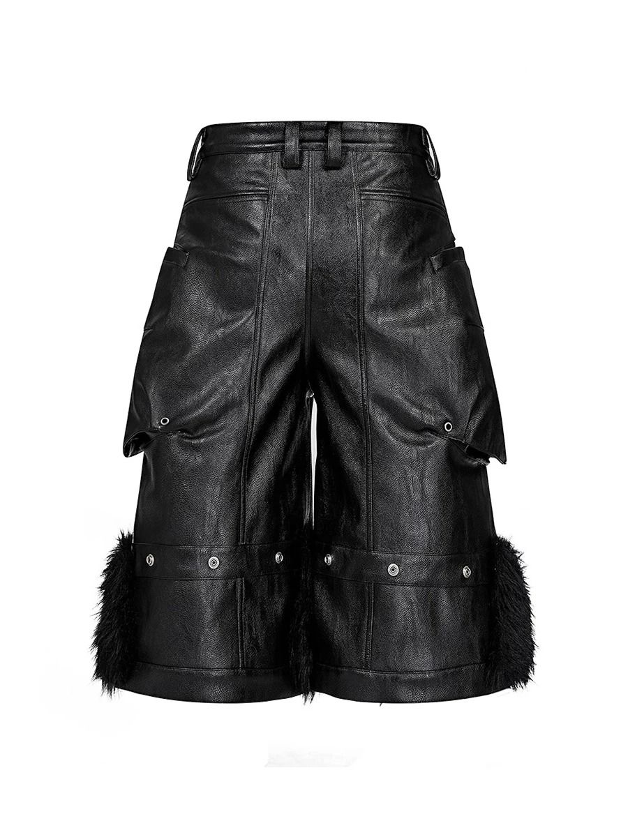 Mauroicardi Black Faux Fur Patchwork PU Leather Shorts for Men with 3D Pockets Luxury Emo Streetwear Style