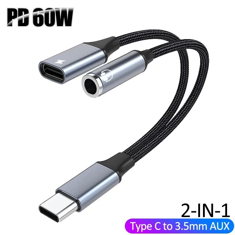 2 in 1 USB C to 3.5mm Adapter with Charging PD 60W Audio Splitter Cable