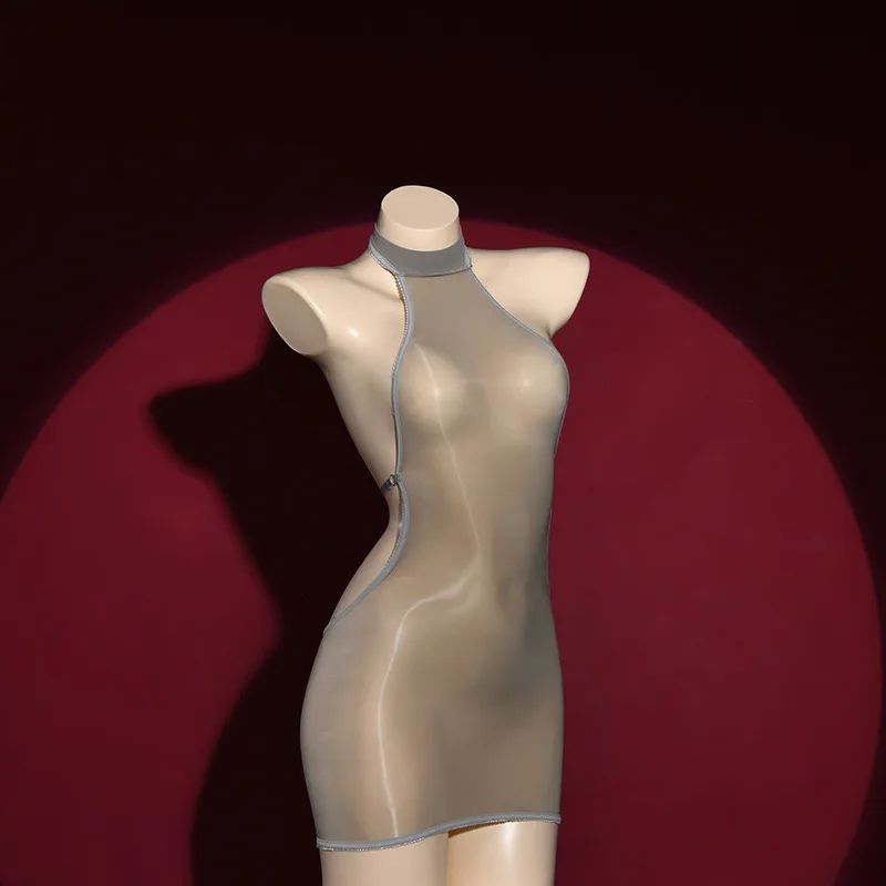 Candy Glow Bodycon Mini Dress – Backless Sheer Glossy Clubwear Dress