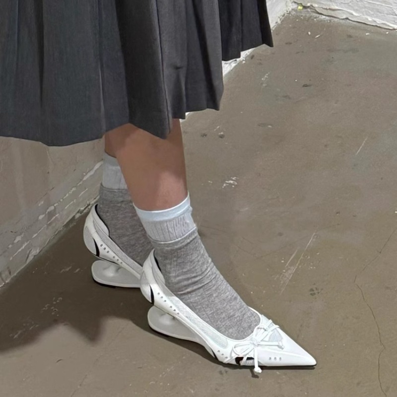 Womens Fashion Bow Spliced Heels, Special Heel Pointed Toe Non Slip Shallow Mouth Mary Jane Single Shoes