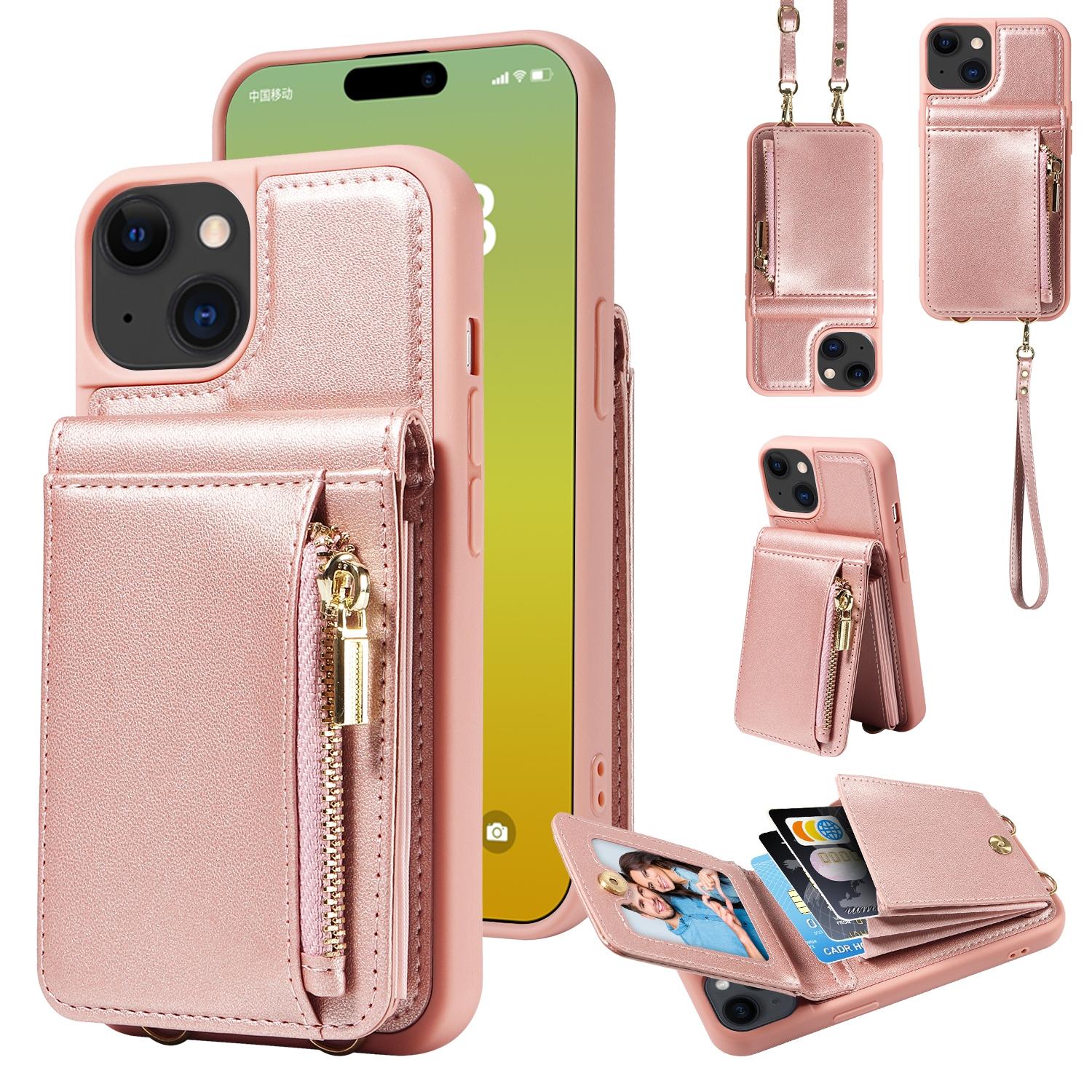 Leather Crossbody iPhone Wallet Case with Zipper Pocket & Lanyard Strap