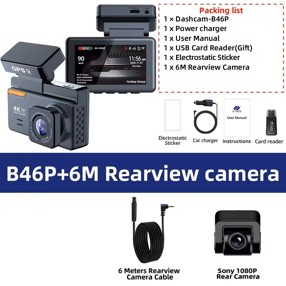 4K Dual Lens Dash Cam with GPS WiFi Night Vision Front and Rear Camera