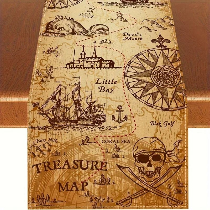 Indiana Jones Treasure Map Table Runner | Pirate Adventure Linen Decor | Professional Quest-Themed Party Textile