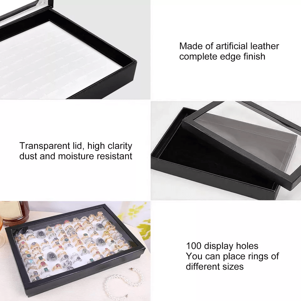 100 Slot Ring Box Jeweller Display Organiser Tray Holder, Leather Ring Storage Case for Earrings, Jewelry, and Gift Coll