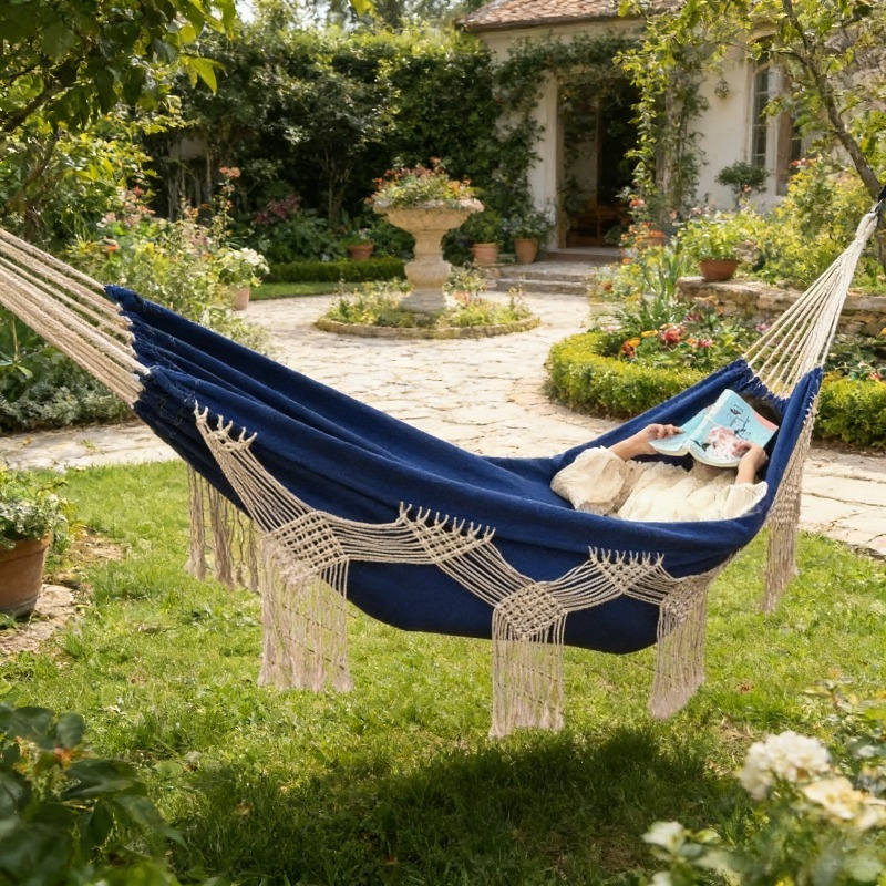 Boho Double Hammock with Macrame Tassels for Beach Camping and Backyard Relaxation