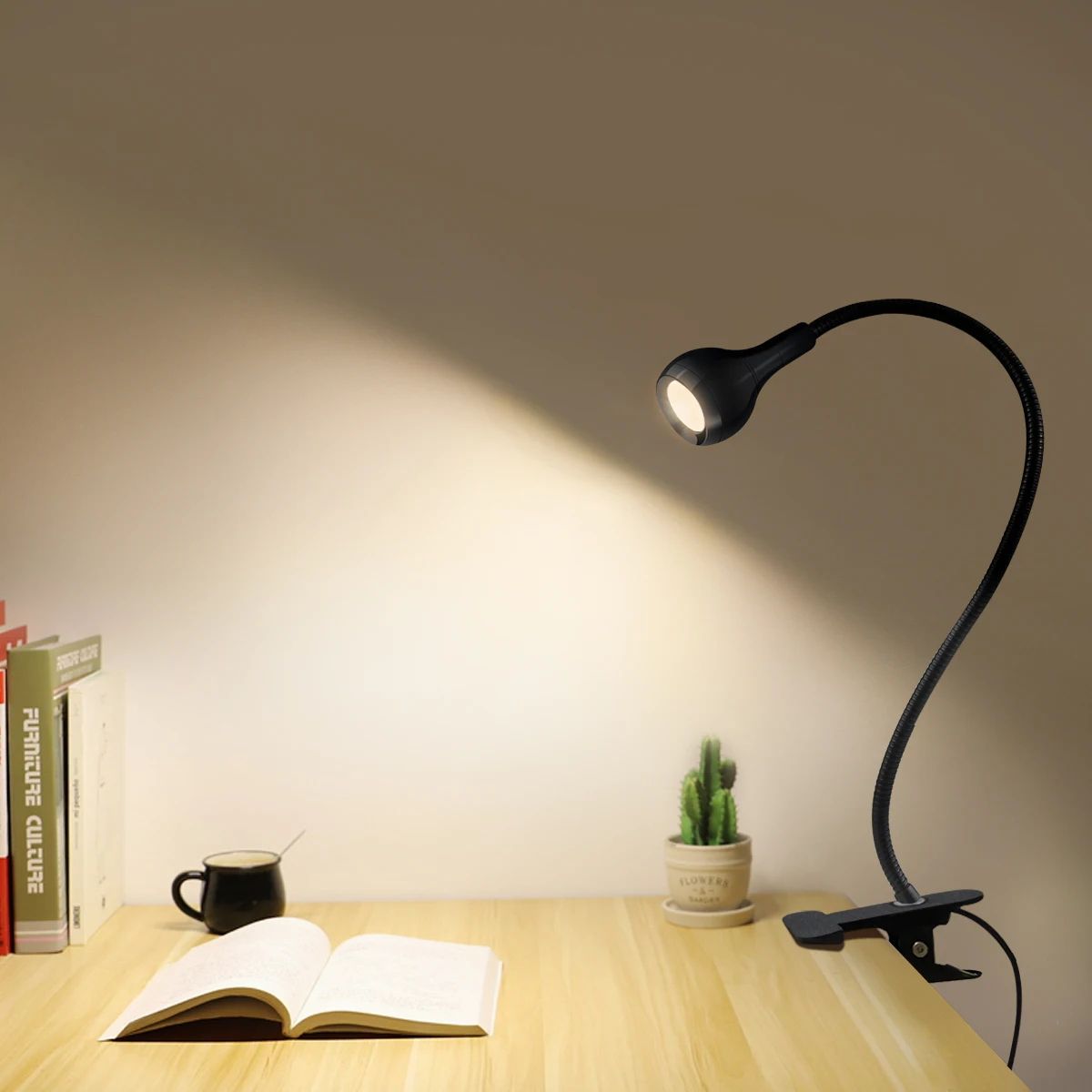 Flexible USB Clip-On Table Lamp with Phone Holder, LED Reading Book Light for Study Desk Bedside Bedroom Night Decor