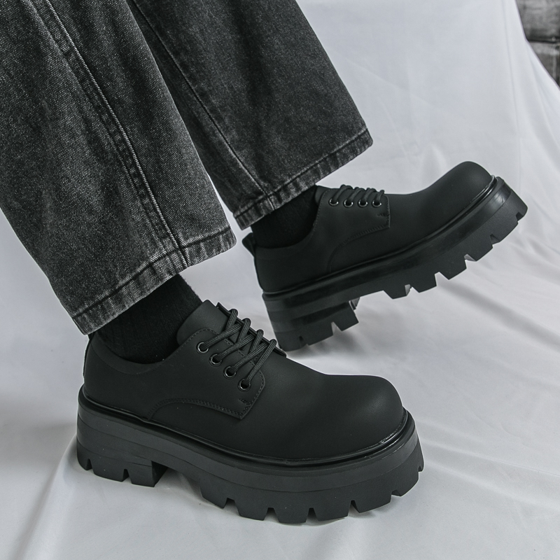 Korean Men Harajuku Style Leather Shoes, Thick Platform Streetwear Casual Loafers, Metal Wedding Shoes for Men