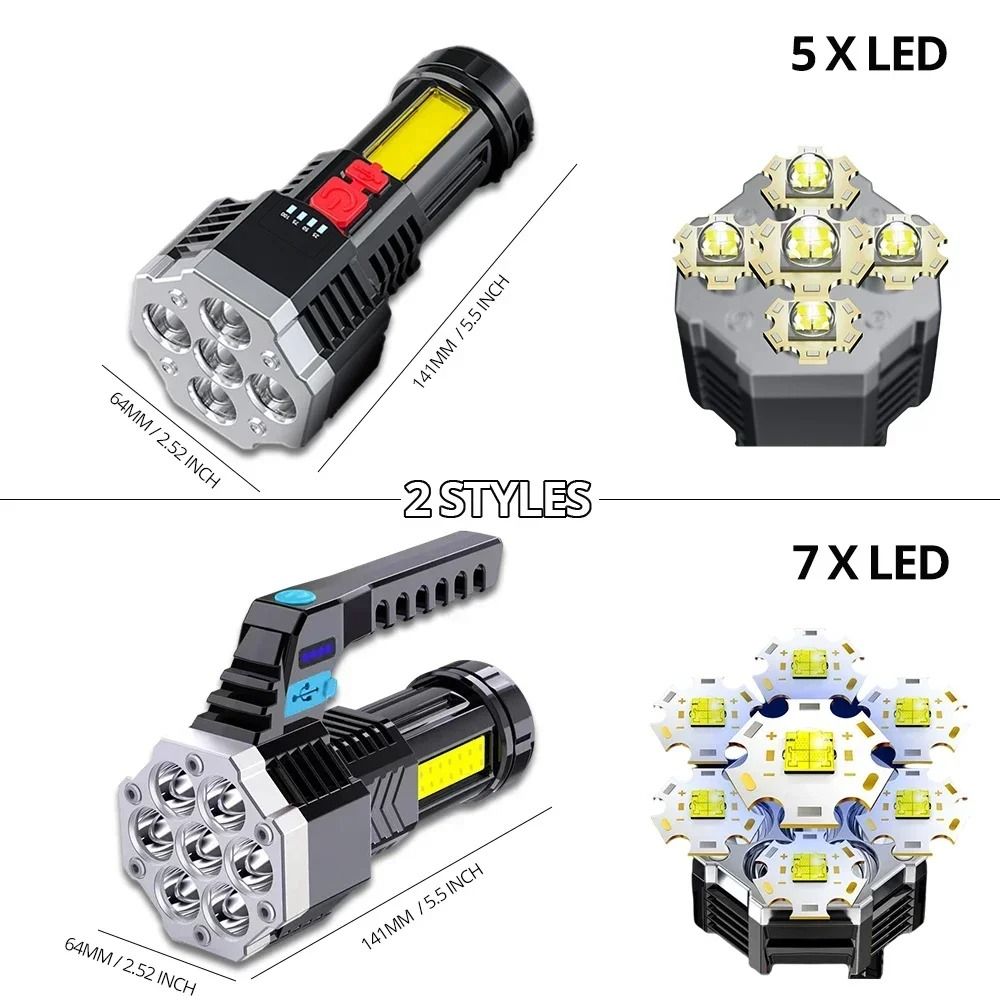 High Power Rechargeable LED Flashlight with Side Light for Outdoor Use