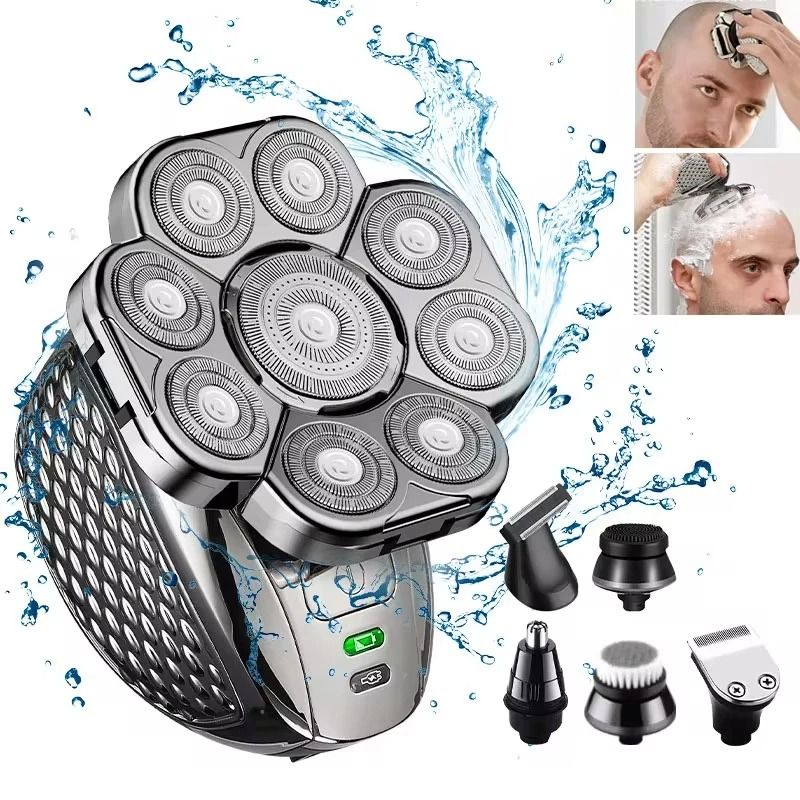 Mens Bald Head Electric Shaver 9 Blade Floating Rechargeable Trimmer with Beard Nose and Ear Attachments