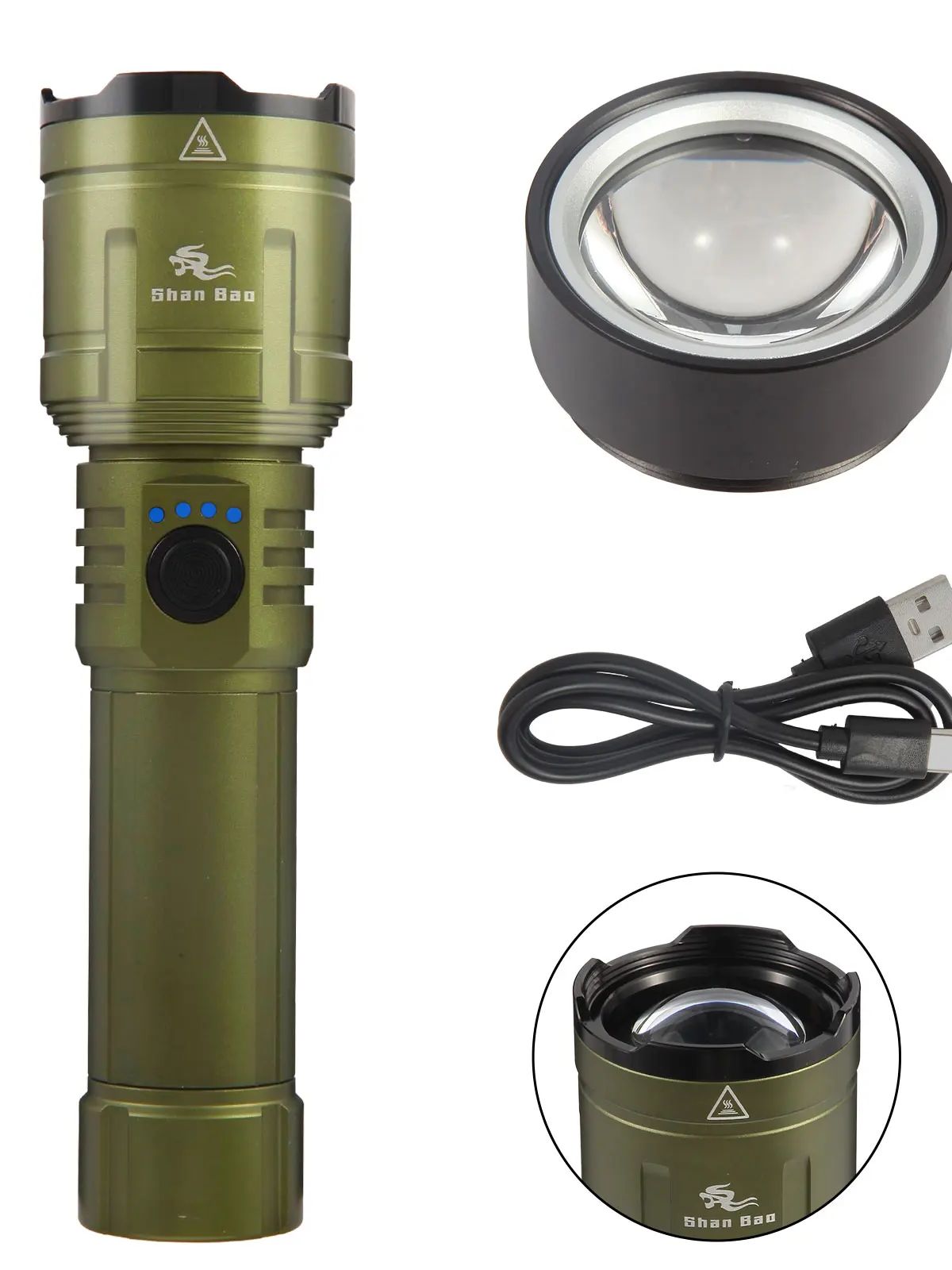 Shan Bao Rechargeable Green Flashlight Waterproof, Zoom Focus, Flame Igniting Outdoor Light