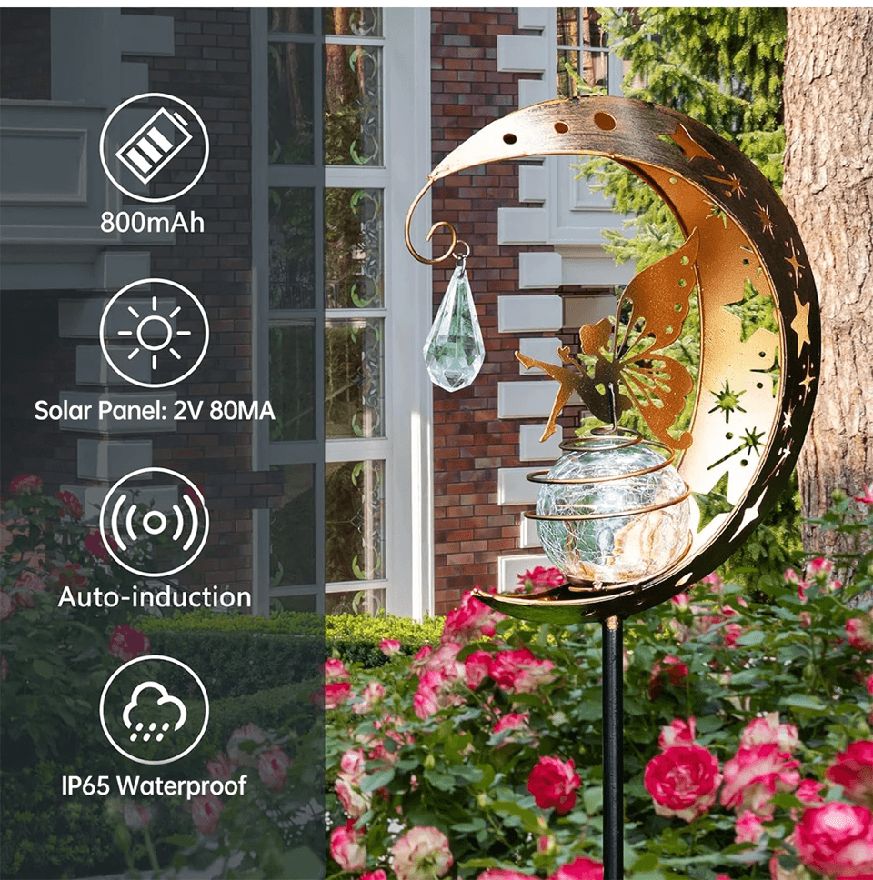 MoonGlow Crackle Glass Solar Stake Light Moon Garden Lamp