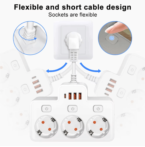 Wall-Mounted Power Strip with USB Surge Protected EU Plug Adapter with Individual Switches