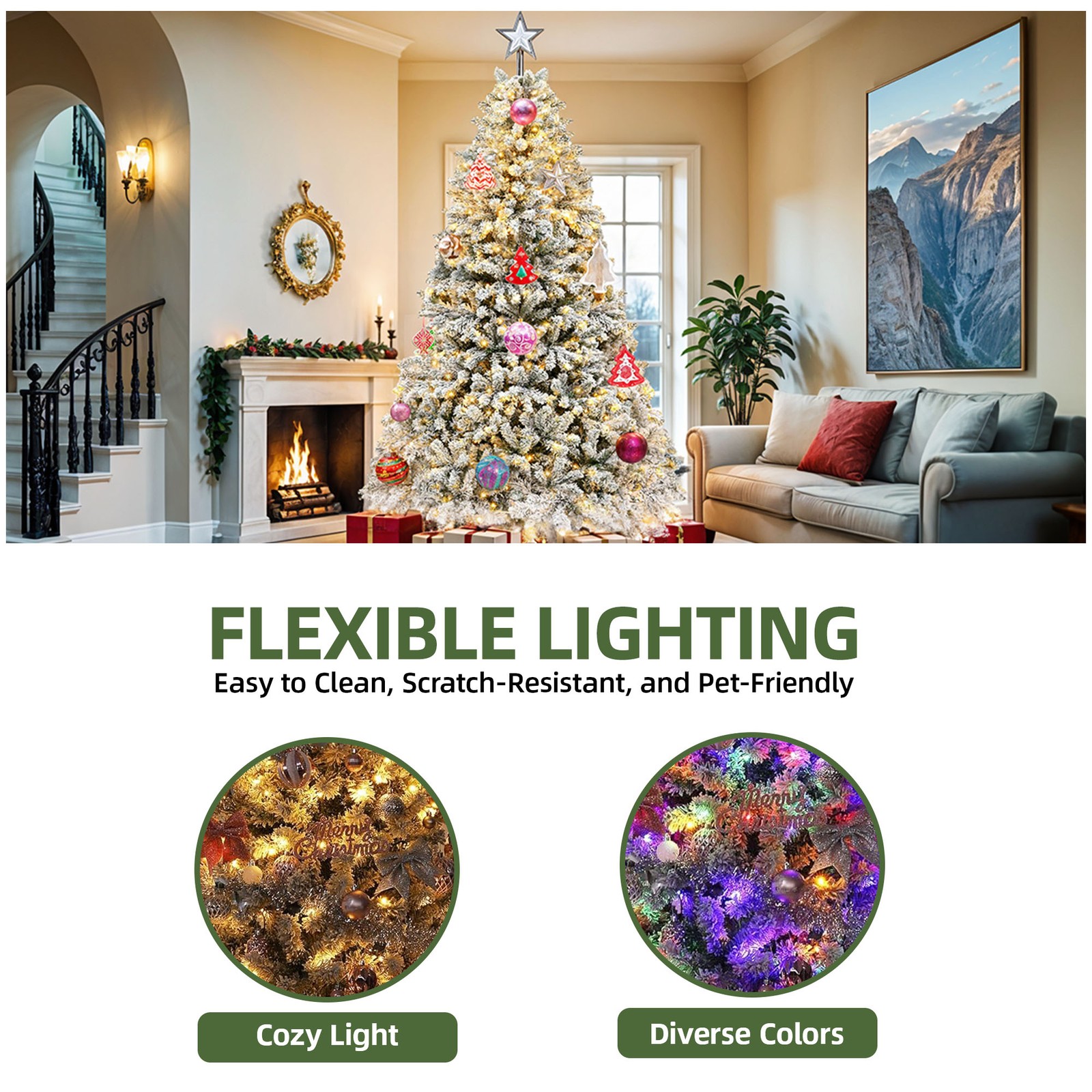 Prelit Snow Flocked Christmas Tree, Artificial Full Tree with Remote