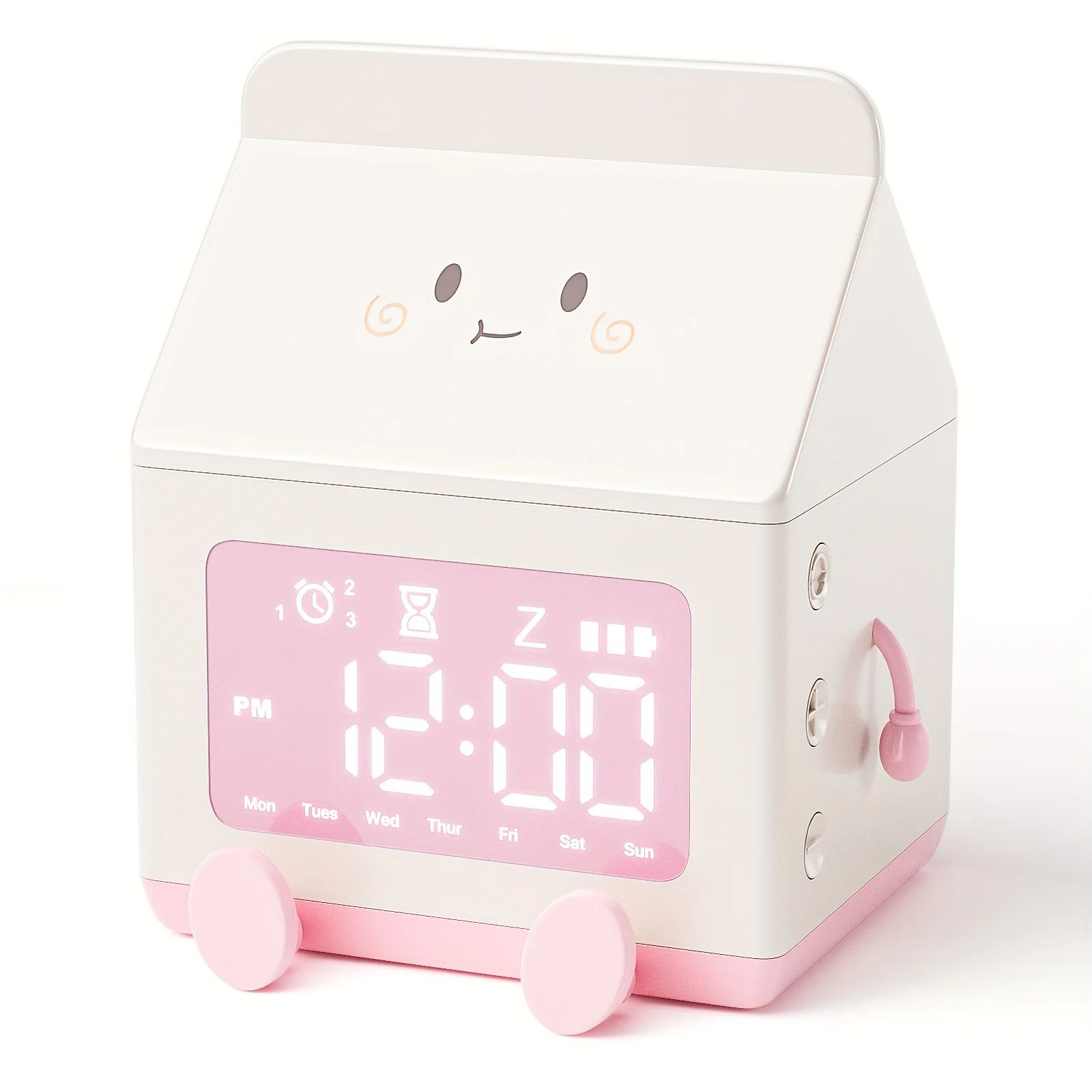 Cute Milk Box Digital Alarm Clock - Mini LED Date Display, Countdown Timer, Silent Triple Alarm, Rechargeable