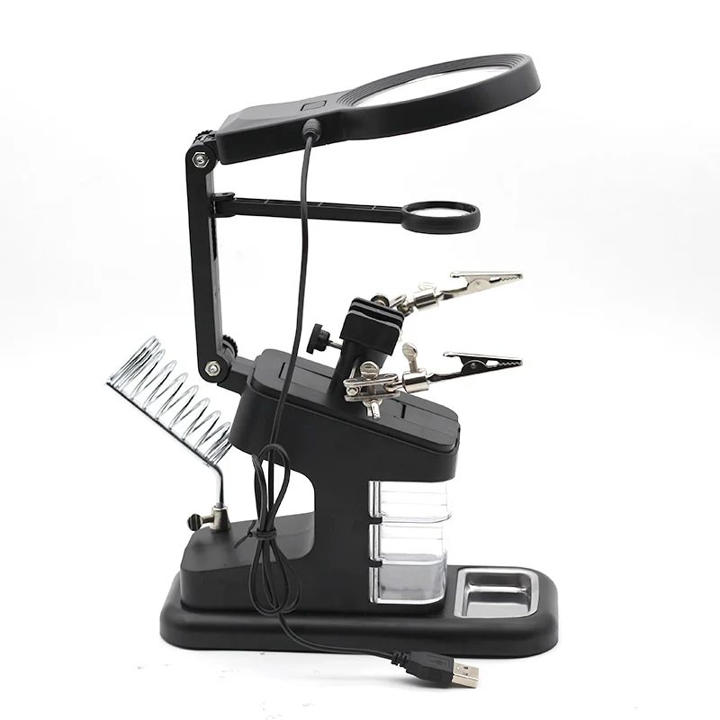 LED Light Magnifying Glass Soldering Stand with Adjustable Clips