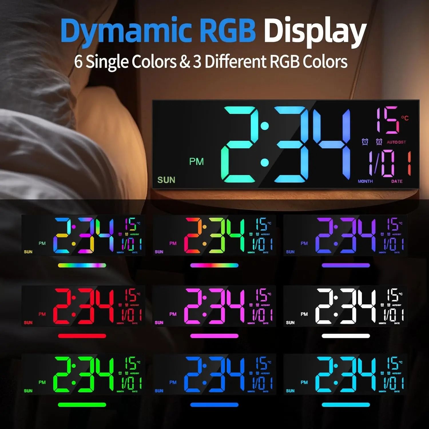 16.2 Inch Large RGB Digital Wall Clock with Remote Control