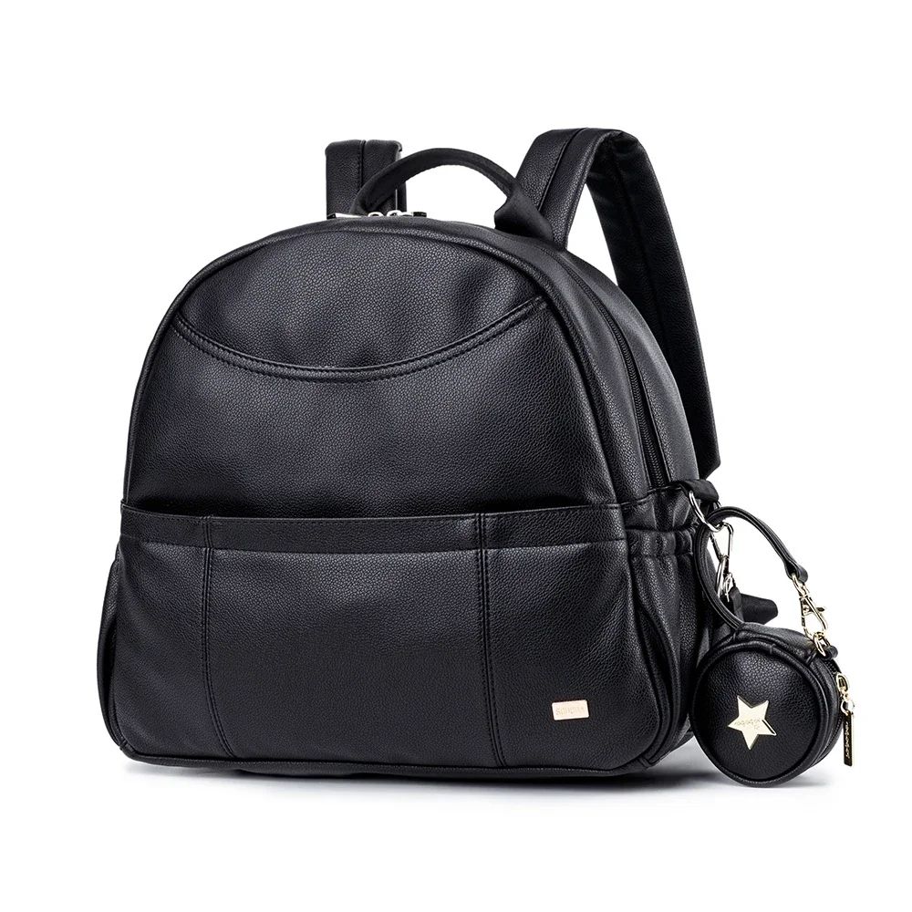 Modern Black PU Diaper Backpack Large Capacity Waterproof Baby Bag