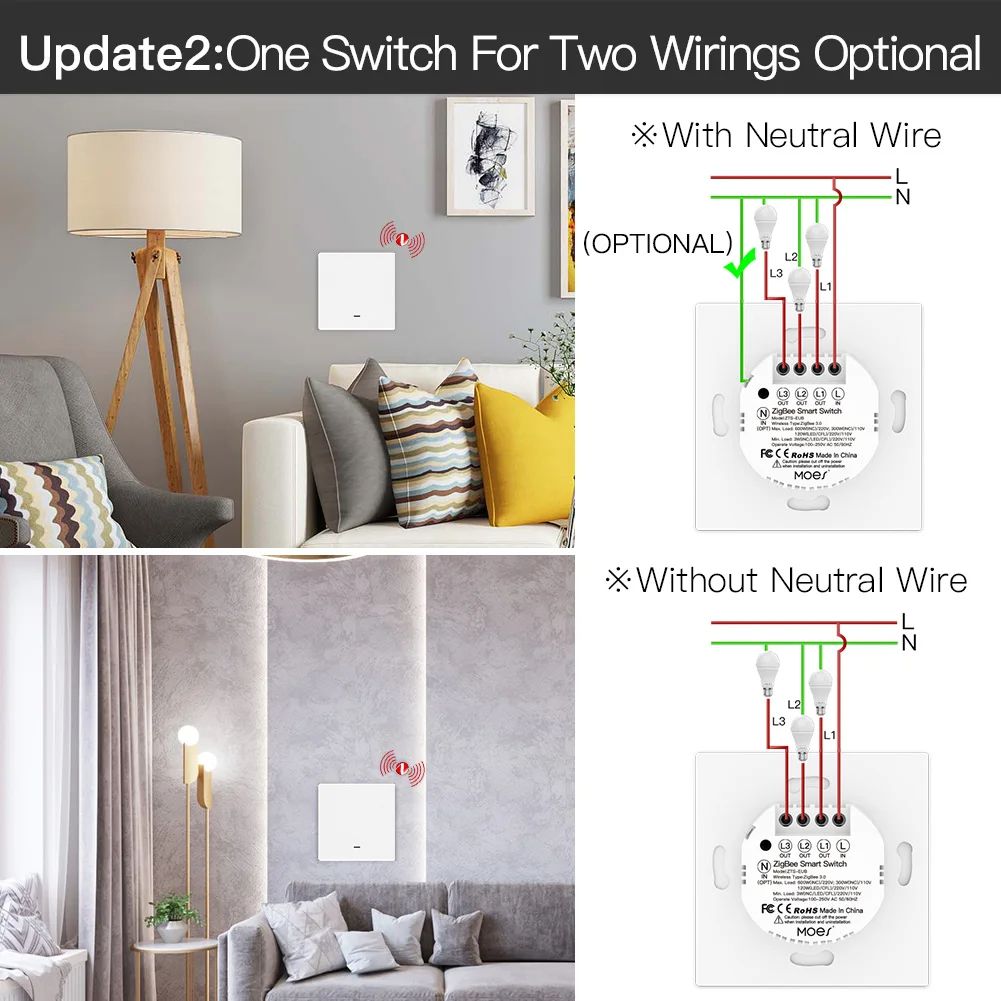 Smart Light Switch Tuya No Neutral Wire Required, 2/3-Way Multi-Control, Compatible with Smart Life App, Google Home
