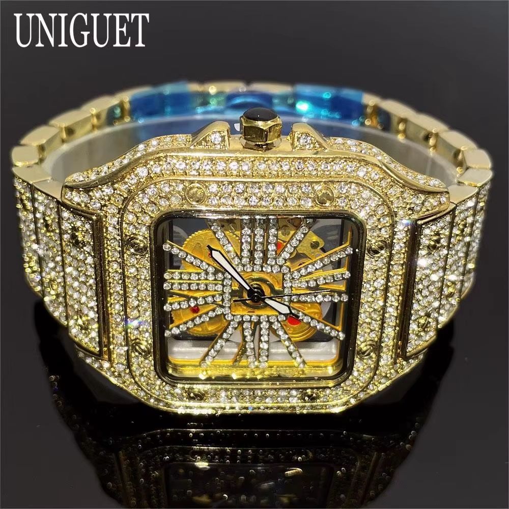 Luxury Iced Out Square Watch Gold Hip Hop Diamond Quartz Watch for Men