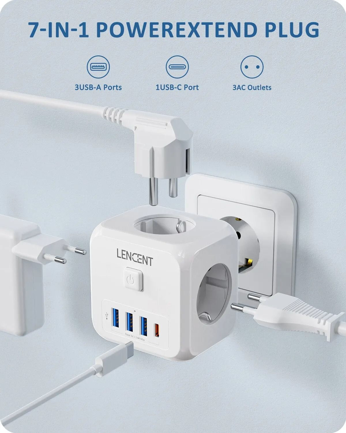 Wall Socket Extender with USB and Type C Ports