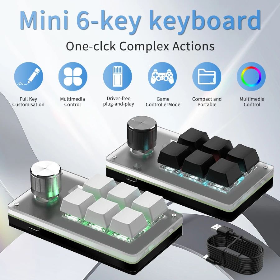 RGB Programmable Macro Keypad with Control Knob – 6-Key Mechanical Mini Keyboard for Gaming & Creative Workflows