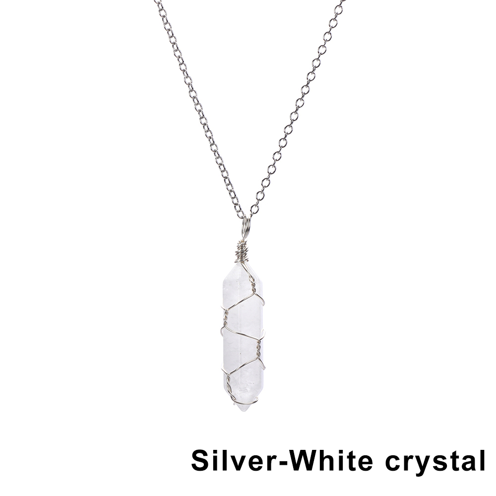1Pc Fashion Hexagonal Cylindrical Crystal Necklace, Wire Wrap Amethyst Pendant, Natural Stone Valentine Day Gift