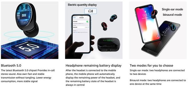 TWS Bluetooth Headset Wireless Earphones, Mini Earbuds Stereo Headphones, Waterproof, Hi-Fi Sound, Noise Reduction