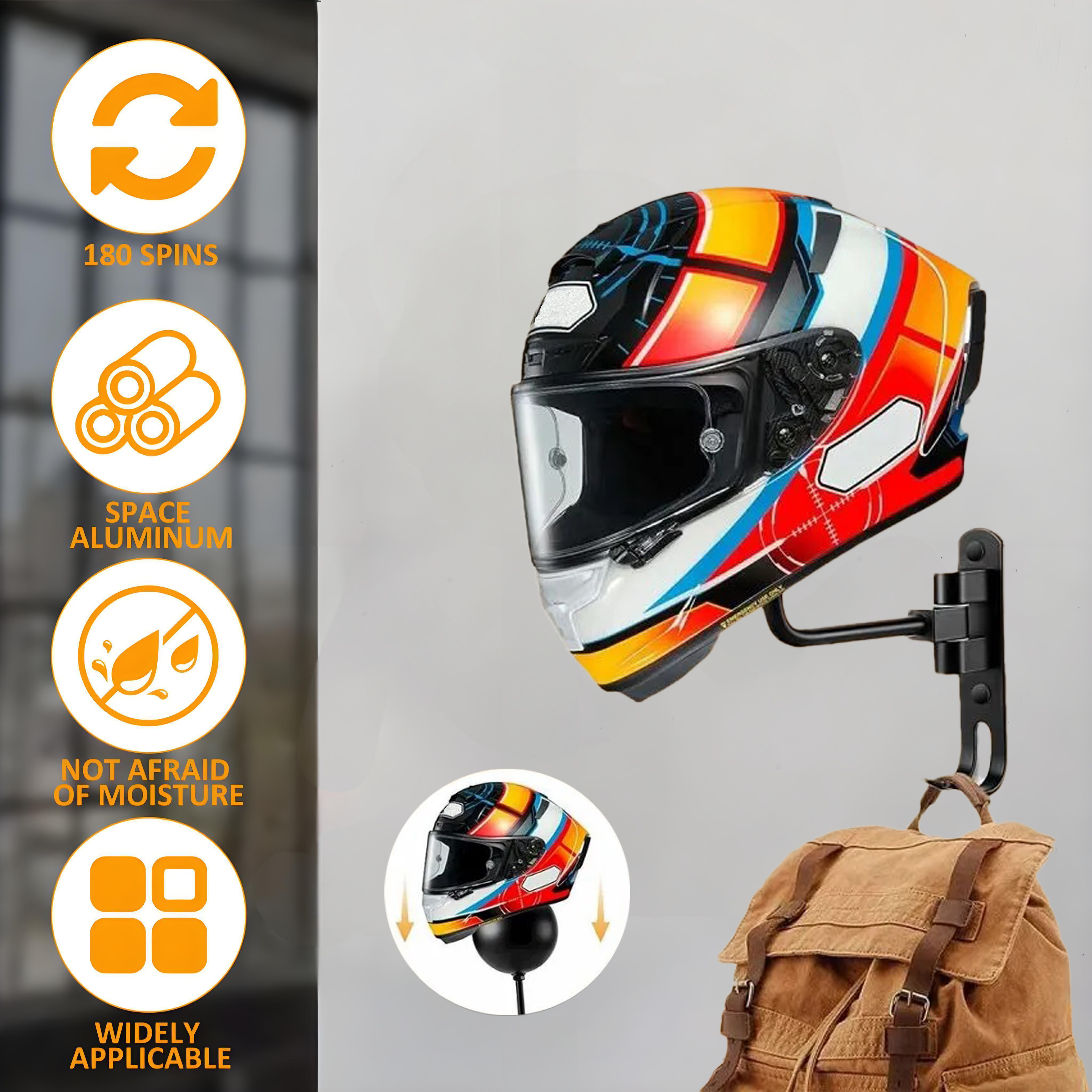 Motorcycle Helmet Rack Wall Mount, Rotation Helmet Holder with Hooks, Ideal for Coats, Caps, Bike, Rugby, Baseball