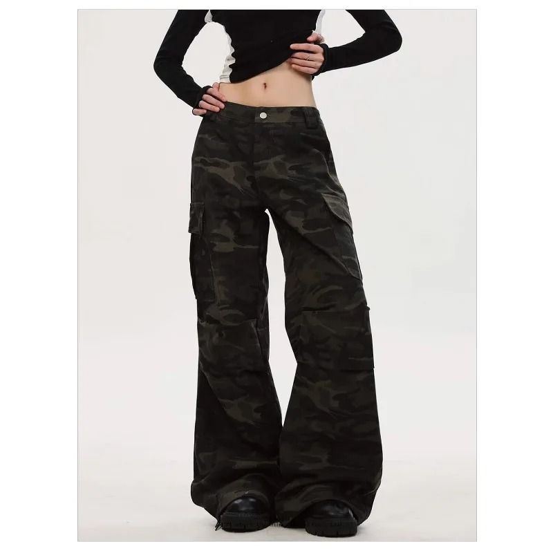 Womens Wide Leg Cargo Jeans Casual High Waist Cargo Pants Multi Pocket Relaxed Fit Denim Trousers