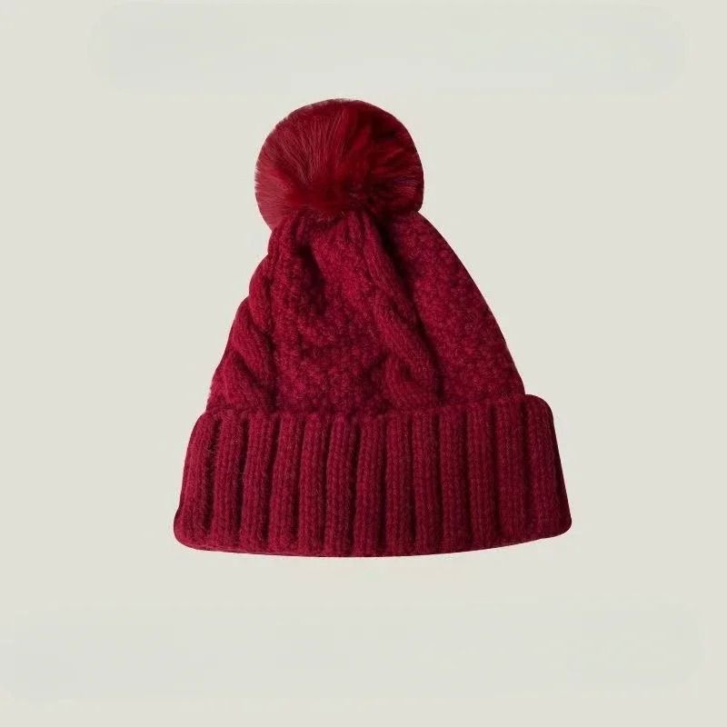 Winter Knit Beanie Hat with Fur Pompom Warm Velvet Lined Cap