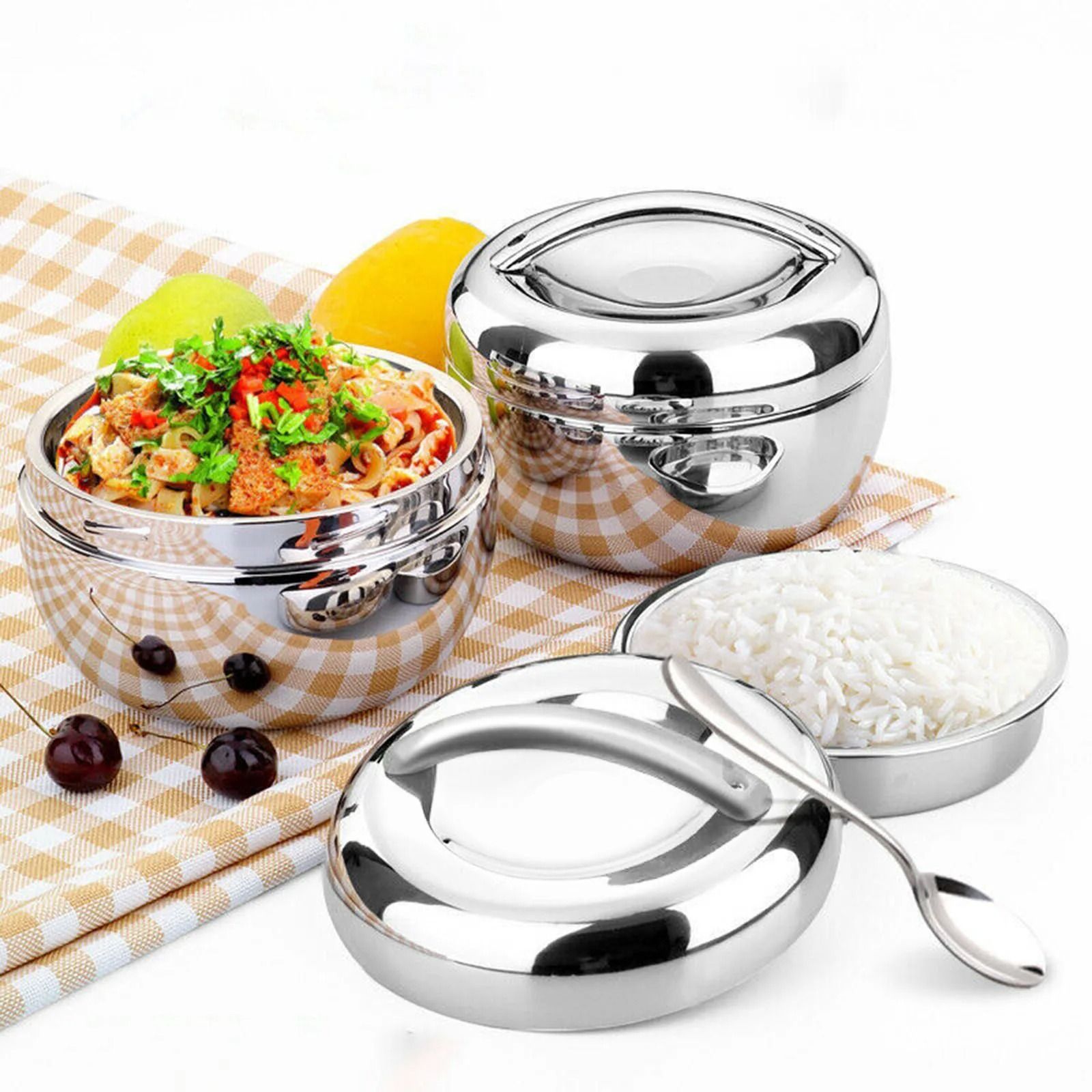 Double Layer Insulated Lunch Bento Box Stainless Steel Hot Food Container Round Noodle Bowl