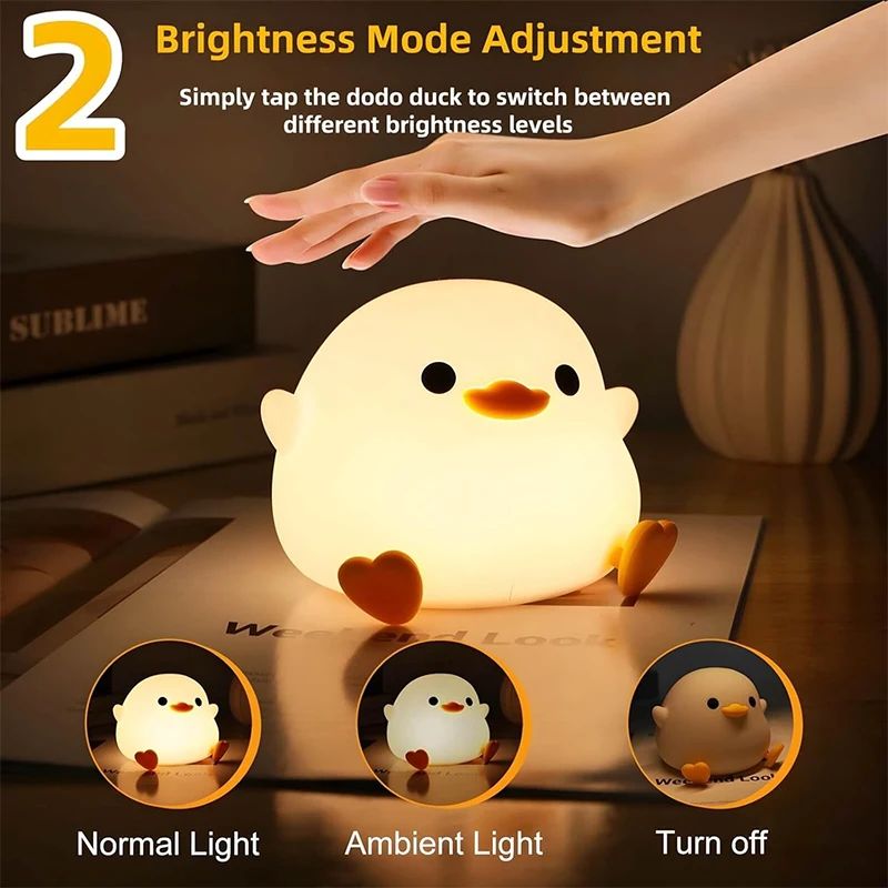 Cute Duck Silicone LED Night Light – Rechargeable Touch Dimmable Nursery Bedside Lamp