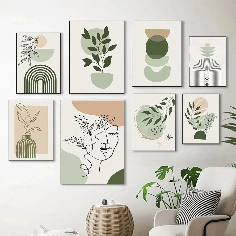 Boho Sage Green Plants Abstract Geometric Wall Art Canvas Decoration