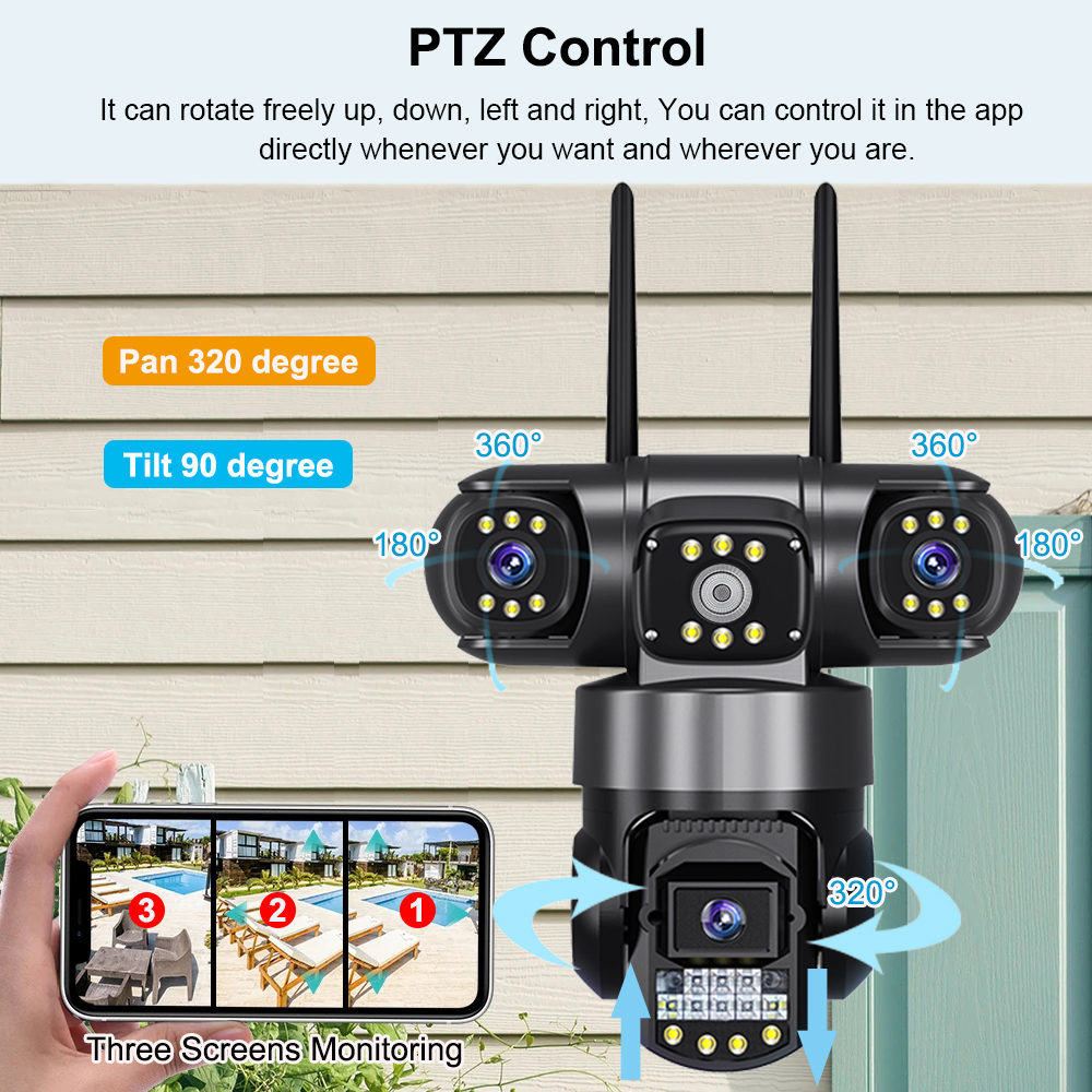 Outdoor Pro WiFi IP Camera, Triple Lenses, Waterproof CCTV, Security Video Monitor, Night Vision Surveillance Camera