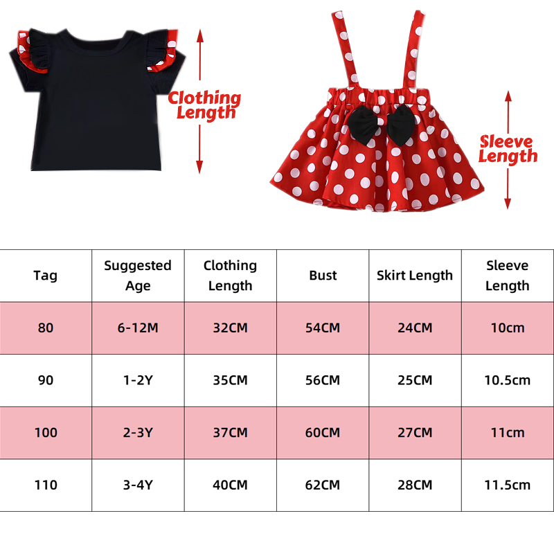 Minnie Mouse Girl Set, Summer Birthday Costume, Baby Clothing Set with Polka Dot Suspender Skirt and Bow Headband Skirt